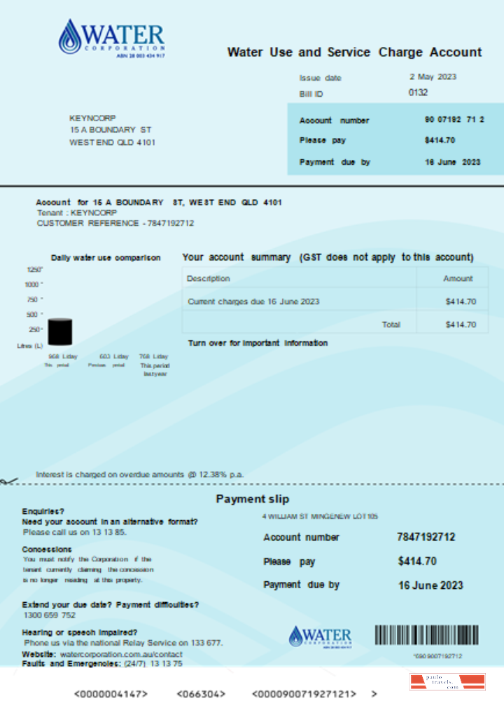 Water Corporation WA utility business bill, SCR PSD template
